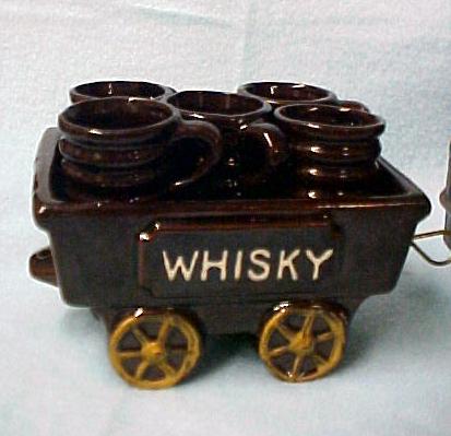 Old Redware Pottery Japan Whiskey Train w/ Shot Glasses  